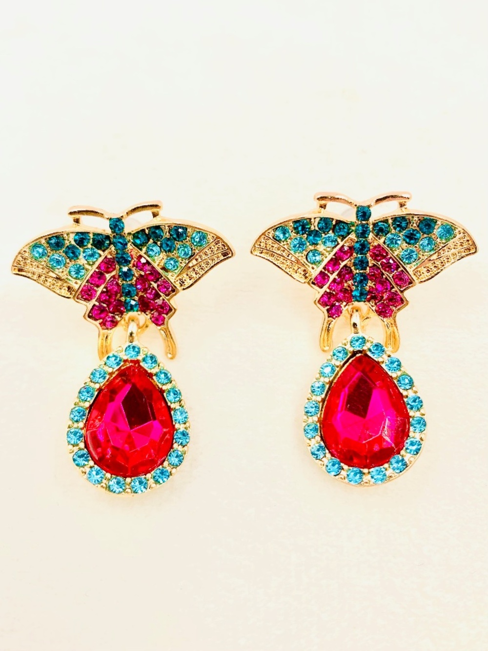 Butterfly Dangle Pear Teardrop Earrings Pink Blue rhinestone Gold Tone Post Back